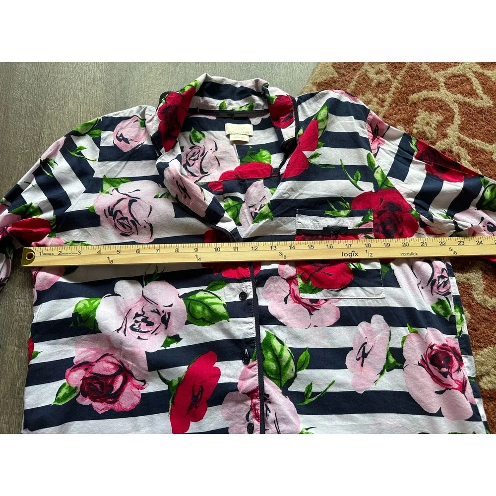 Kate Spade Roses Stripe Pink Floral Navy Blue Striped Pajama‎ Button Top L Large
